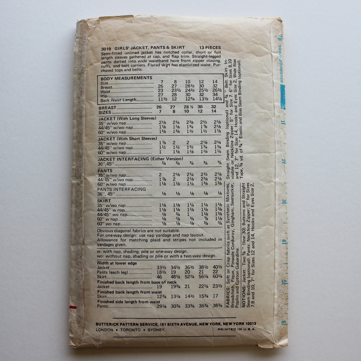 1970s Butterick 3018 Sewing Pattern Girls Jacket Pants Skirt Size 12