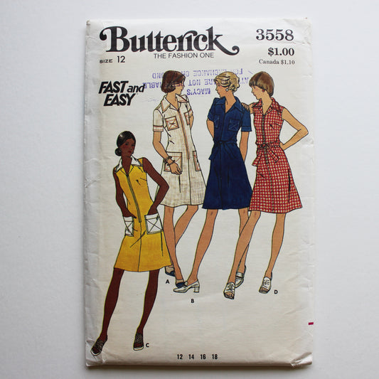 1970s Butterick 3558 Sewing Pattern Misses Dress Size 12