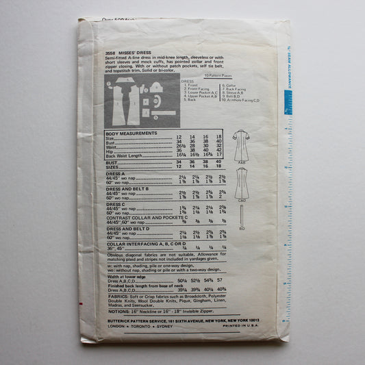 1970s Butterick 3558 Sewing Pattern Misses Dress Size 12