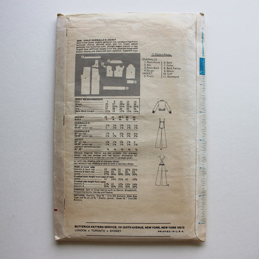 1970s Butterick 3600 Sewing Pattern Girls Overalls Jacket Size 10