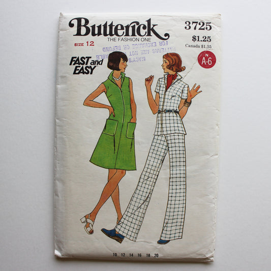 1970s Butterick 3725 Sewing Pattern Misses Dress Top Pants Size 12