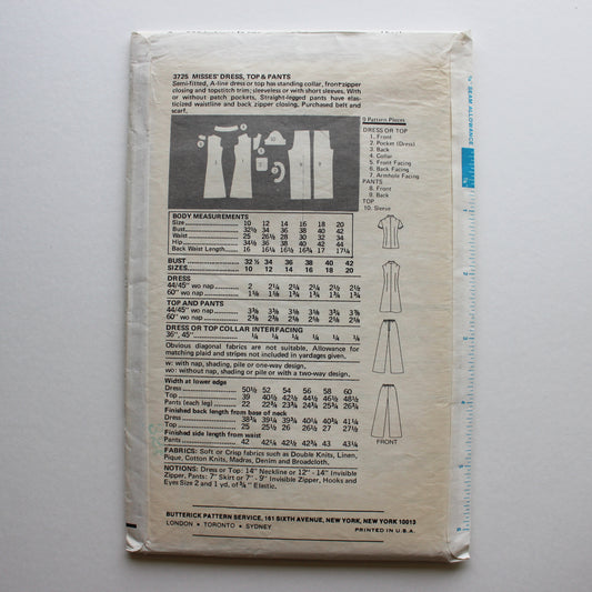 1970s Butterick 3725 Sewing Pattern Misses Dress Top Pants Size 12