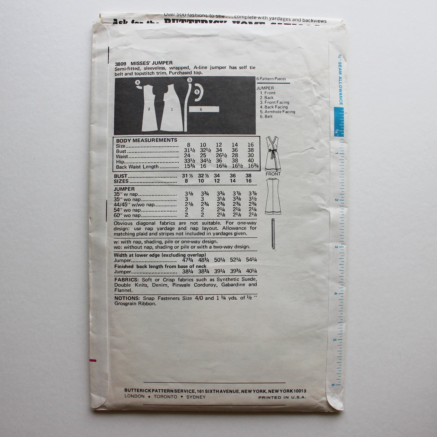 1970s Butterick 3809 Sewing Pattern Misses Jumper Size 12