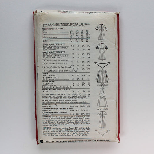 1970s Butterick 4261 Sewing Pattern Girls Costume Dress Overskirt Apron Scarf Hat Size 8