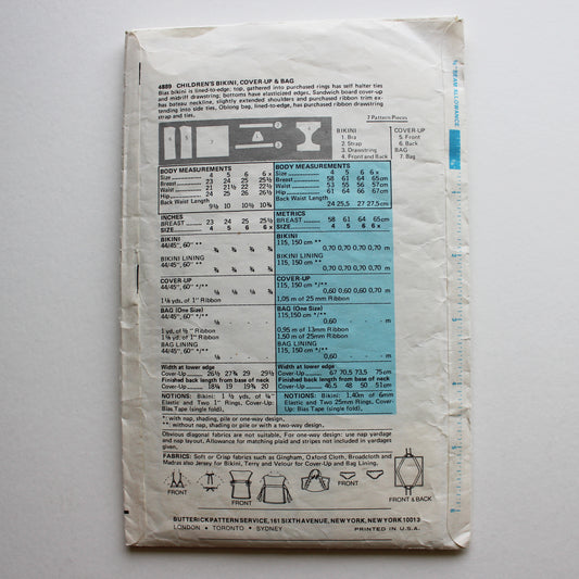 1970s Butterick 4889 Sewing Pattern Girls Bikini Cover-Up Bag Size 4-5