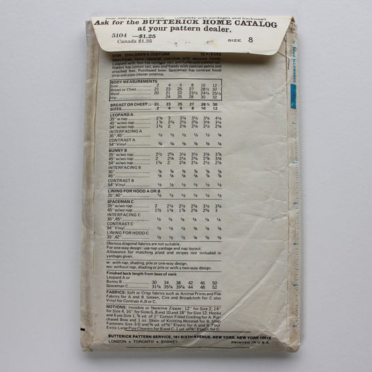 1970s Butterick 5104 Sewing Pattern Child Costume Leopard Bunny Spaceman Size 8
