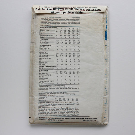 1970s Butterick 5104 Sewing Pattern Child Costume Leopard Bunny Spaceman Size 6