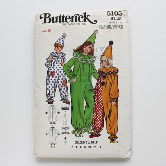 1970s Butterick 5105 Sewing Pattern Child Costume Clown Size 8