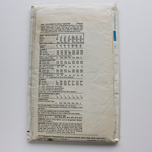 1970s Butterick 5105 Sewing Pattern Child Costume Clown Size 8