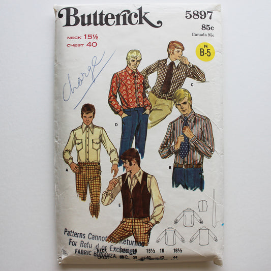 1970s Butterick 5897 Sewing Pattern Mens Shirt Vest Tie Size 40