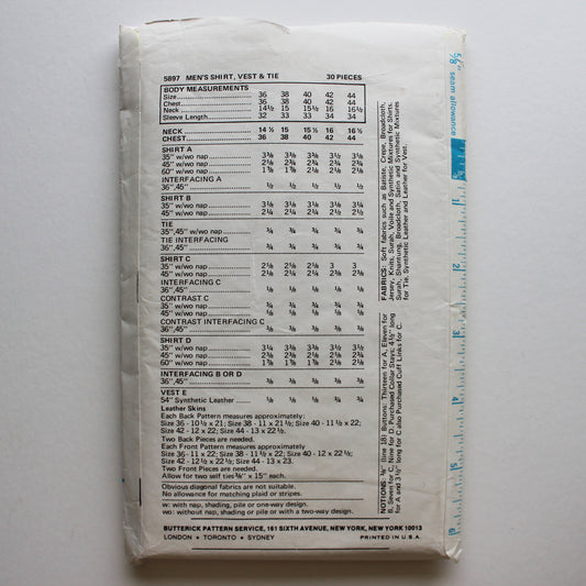 1970s Butterick 5897 Sewing Pattern Mens Shirt Vest Tie Size 40