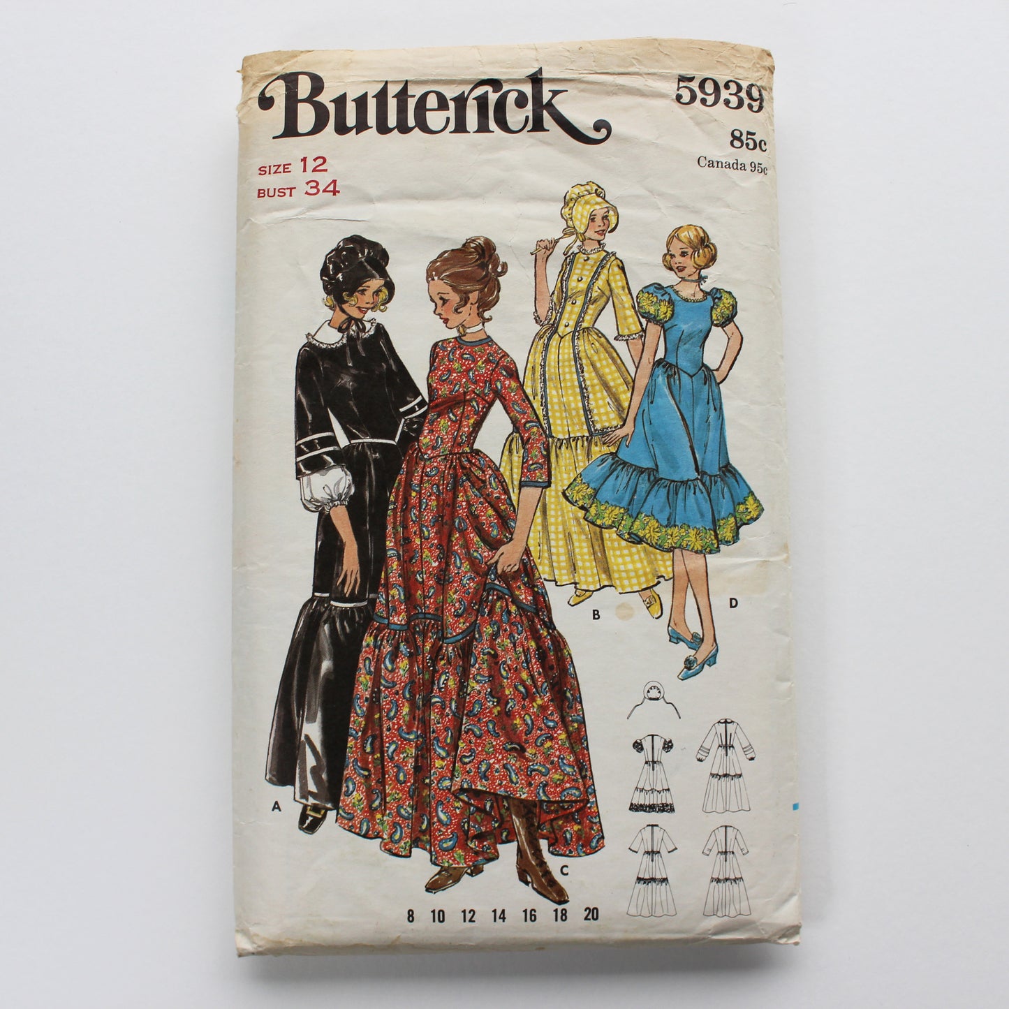 1970s Butterick 5939 Sewing Pattern Misses Costume Dress Bonnet Size 12