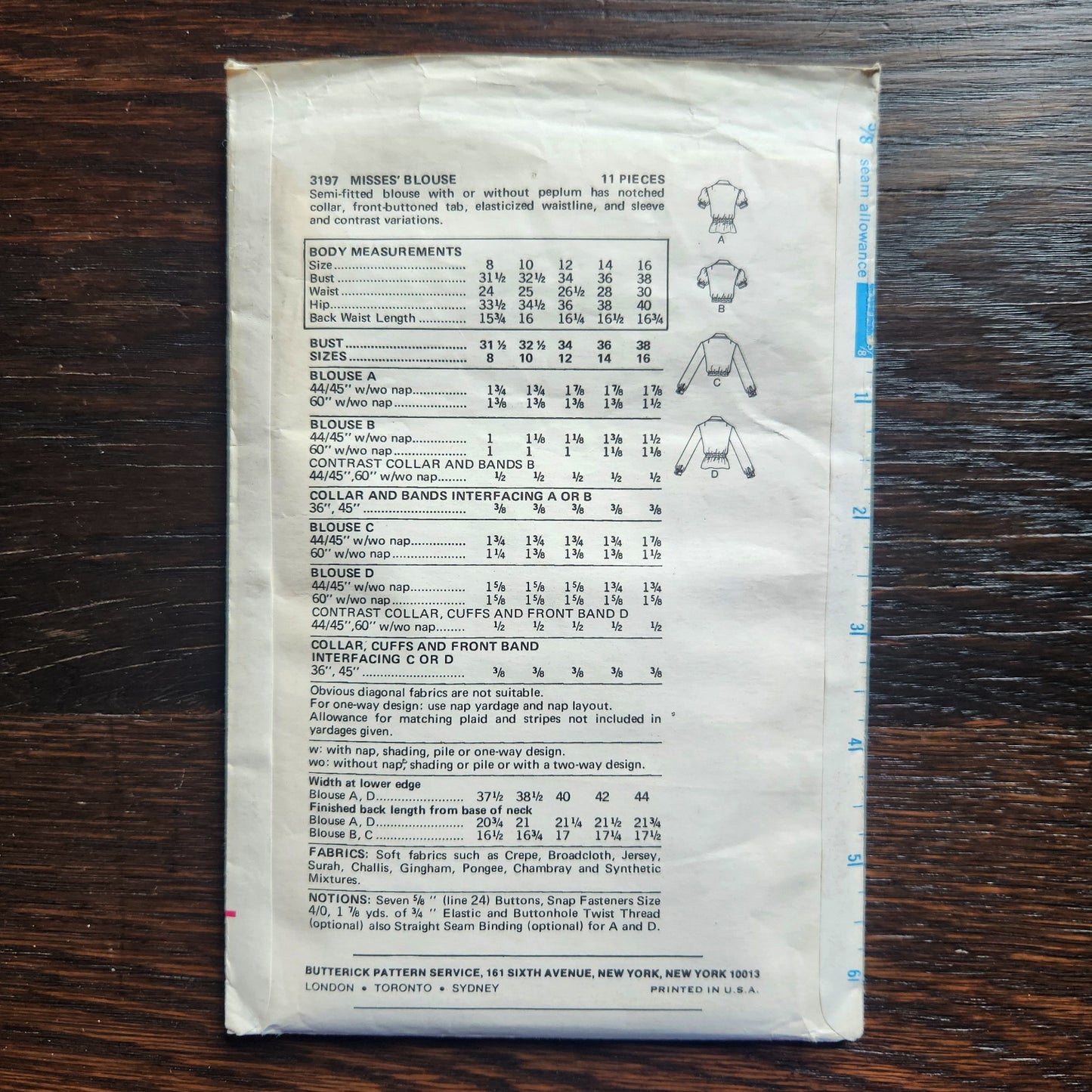 1973 Butterick 3197 Sewing Pattern Misses Blouse Size 8