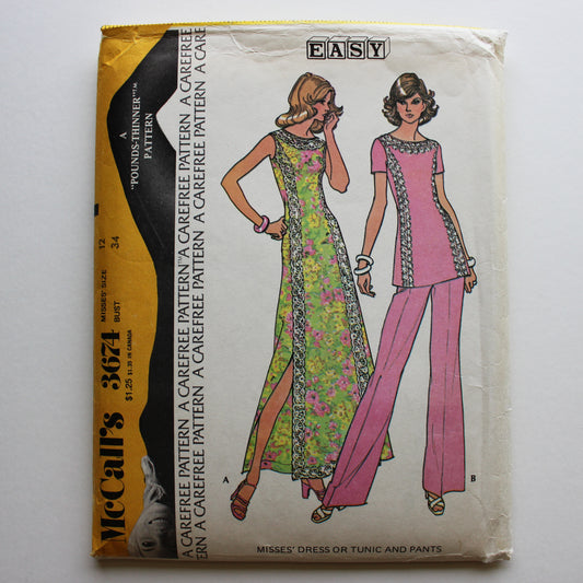 1973 McCall's 3674 Sewing Pattern Misses Dress Tunic Pants Size 12