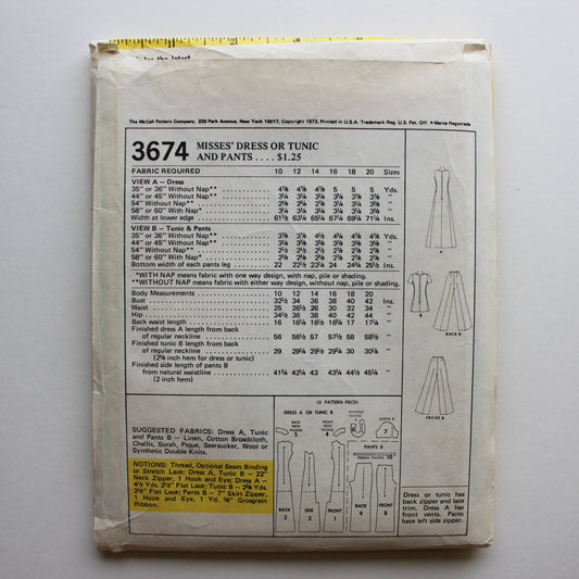 1973 McCall's 3674 Sewing Pattern Misses Dress Tunic Pants Size 12