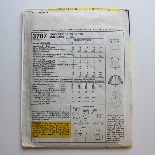 1973 McCall's 3787 Sewing Pattern Girls Dress Top Pants Size 1