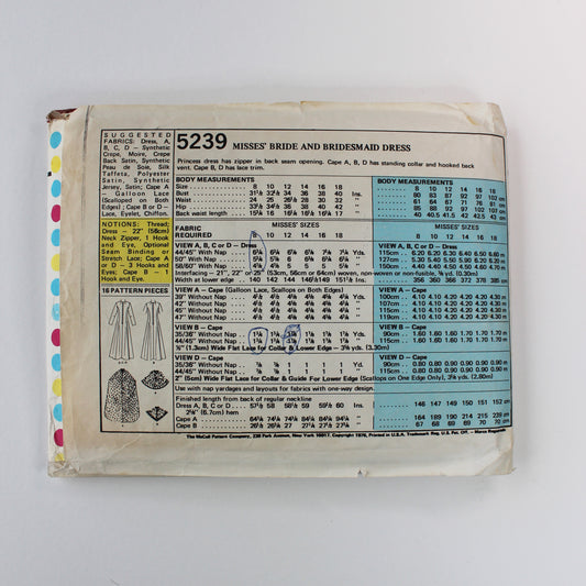 1976 McCall's 5239 Misses Bride Bridesmaid Dress Size 8