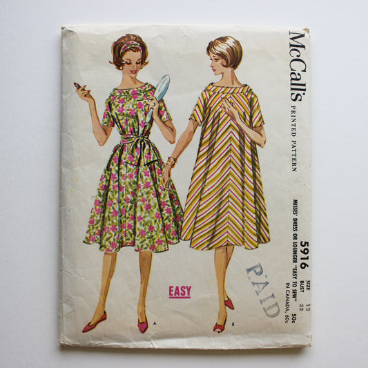 1961 McCall's 5916 Sewing Pattern Misses Dress Lounger Size 12