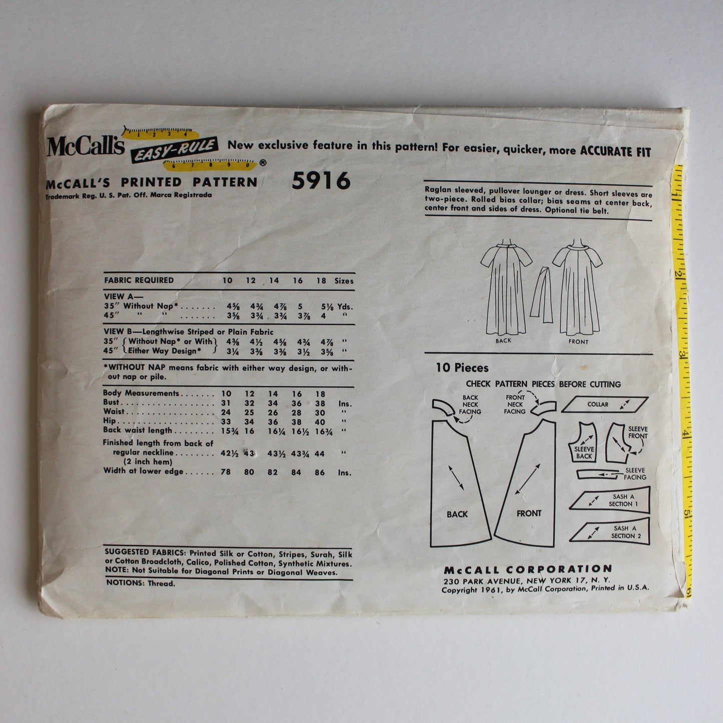 1961 McCall's 5916 Sewing Pattern Misses Dress Lounger Size 12