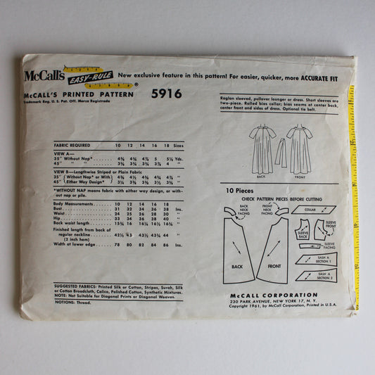1961 McCall's 5916 Sewing Pattern Misses Dress Lounger Size 12