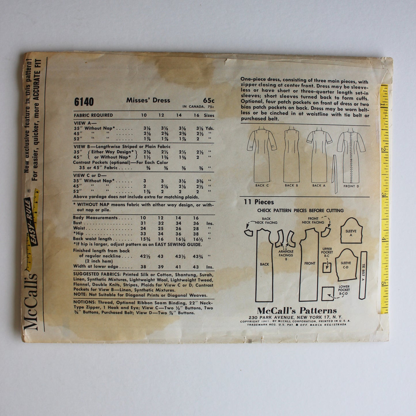 1961 McCall's 6140 Sewing Pattern Misses Dress Size 16