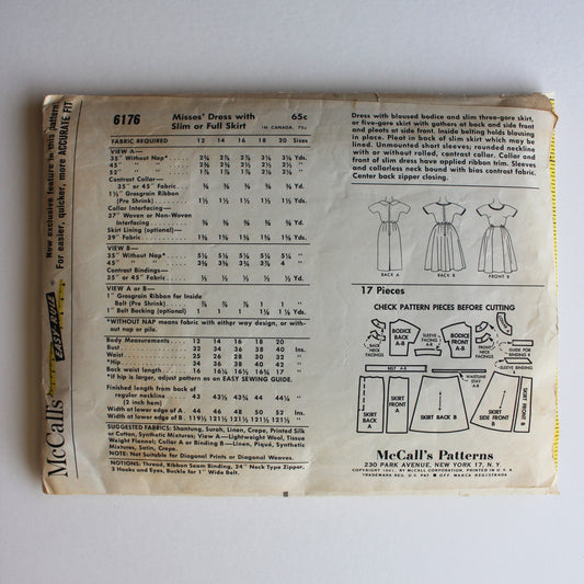 1961 McCall's 6176 Sewing Pattern Misses Dress Size 16