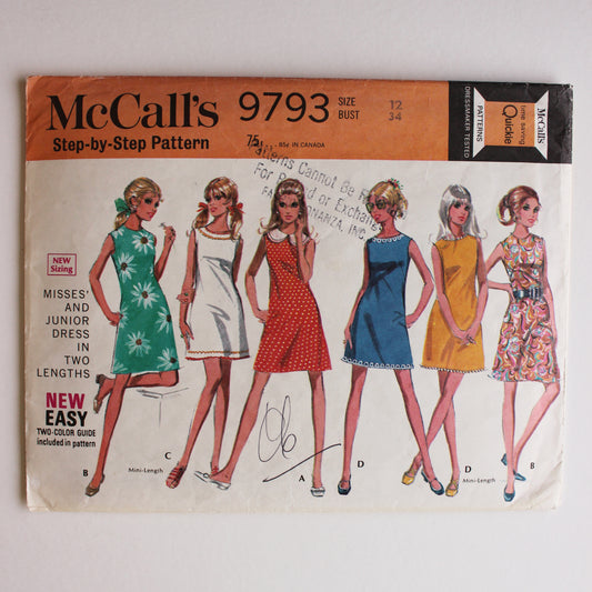 1969 McCall's 9793 Sewing Pattern Misses Dress Size 12
