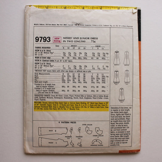 1969 McCall's 9793 Sewing Pattern Misses Dress Size 12