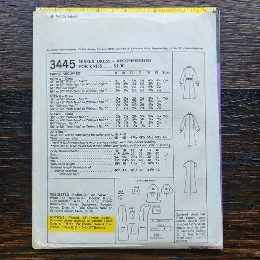 1972 McCall's 3445 Sewing Pattern Misses Dress Size 12