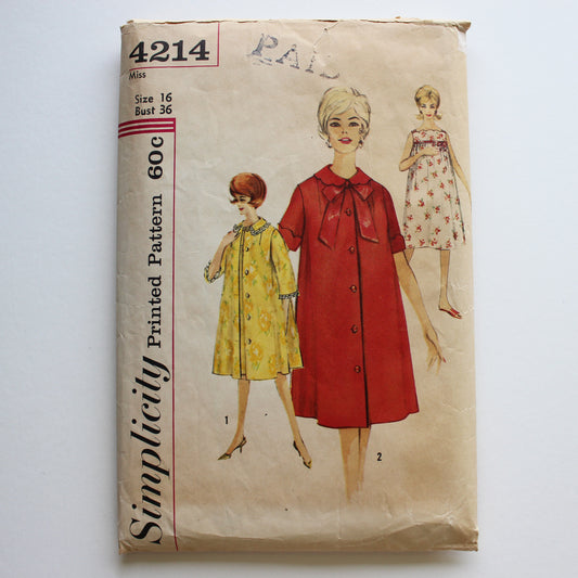 1960s Simplicity 4214 Sewing Pattern Misses Nightgown Robe Size 16