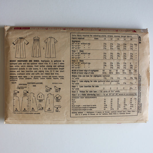 1960s Simplicity 4214 Sewing Pattern Misses Nightgown Robe Size 16