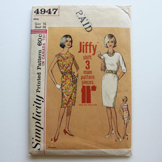 1960s Simplicity 4947 Sewing Pattern Misses Dress Size 16