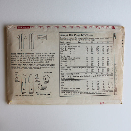 1960s Simplicity 4947 Sewing Pattern Misses Dress Size 16
