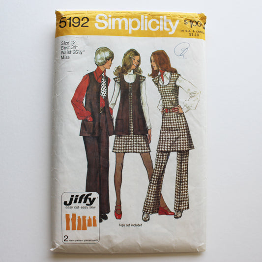 1972 Simplicity 5192 Sewing Pattern Misses Jumper Tunic Vest Pants Size 12