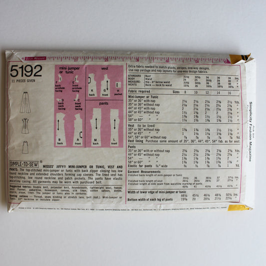 1972 Simplicity 5192 Sewing Pattern Misses Jumper Tunic Vest Pants Size 12