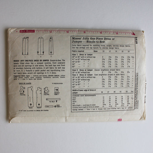 1964 Simplicity 5459 Sewing Pattern Misses Dress Jumper Size 12