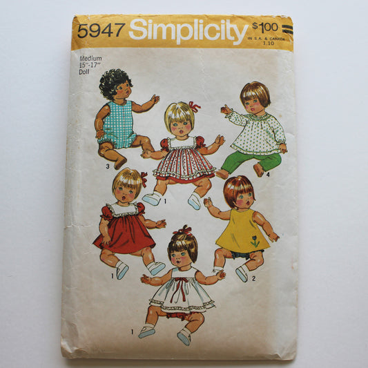 1973 Simplicity 5947 Sewing Pattern Doll Wardrobe Size Medium 15" - 17"