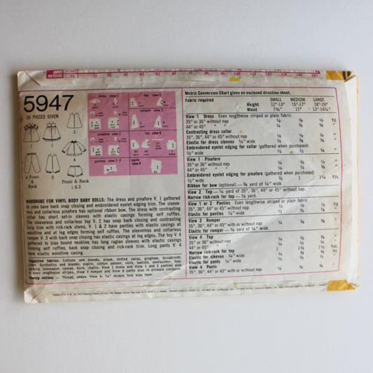 1973 Simplicity 5947 Sewing Pattern Doll Wardrobe Size Medium 15" - 17"