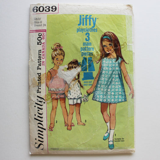 1965 Simplicity 6039 Sewing Pattern Girls Dress Top Shorts Size 6