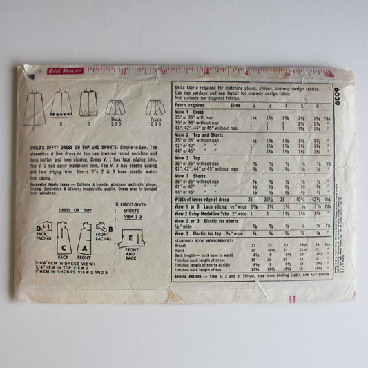 1965 Simplicity 6039 Sewing Pattern Girls Dress Top Shorts Size 6
