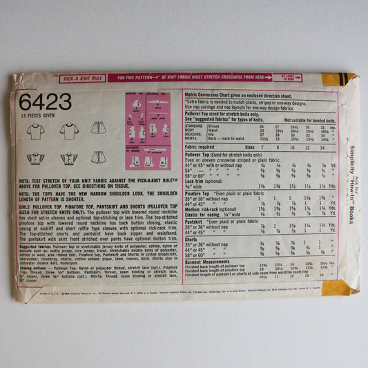 1974 Simplicity 6423 Sewing Pattern Girls Top Pantskirt Shorts Size 12