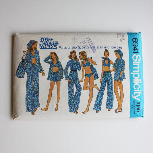 1975 Simplicity 6941 Sewing Pattern Misses Pants Shorts Bikini Top Scarf Tote Bag Size 12