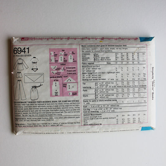 1975 Simplicity 6941 Sewing Pattern Misses Pants Shorts Bikini Top Scarf Tote Bag Size 12
