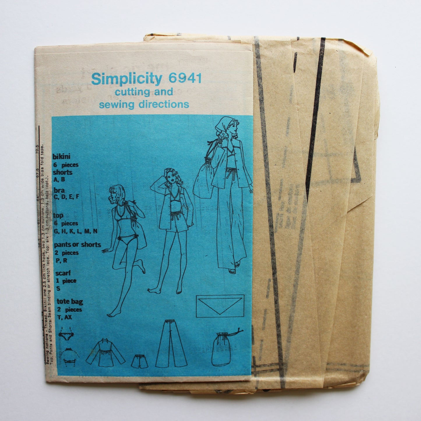 1975 Simplicity 6941 Sewing Pattern Misses Pants Shorts Bikini Top Scarf Tote Bag Size 12