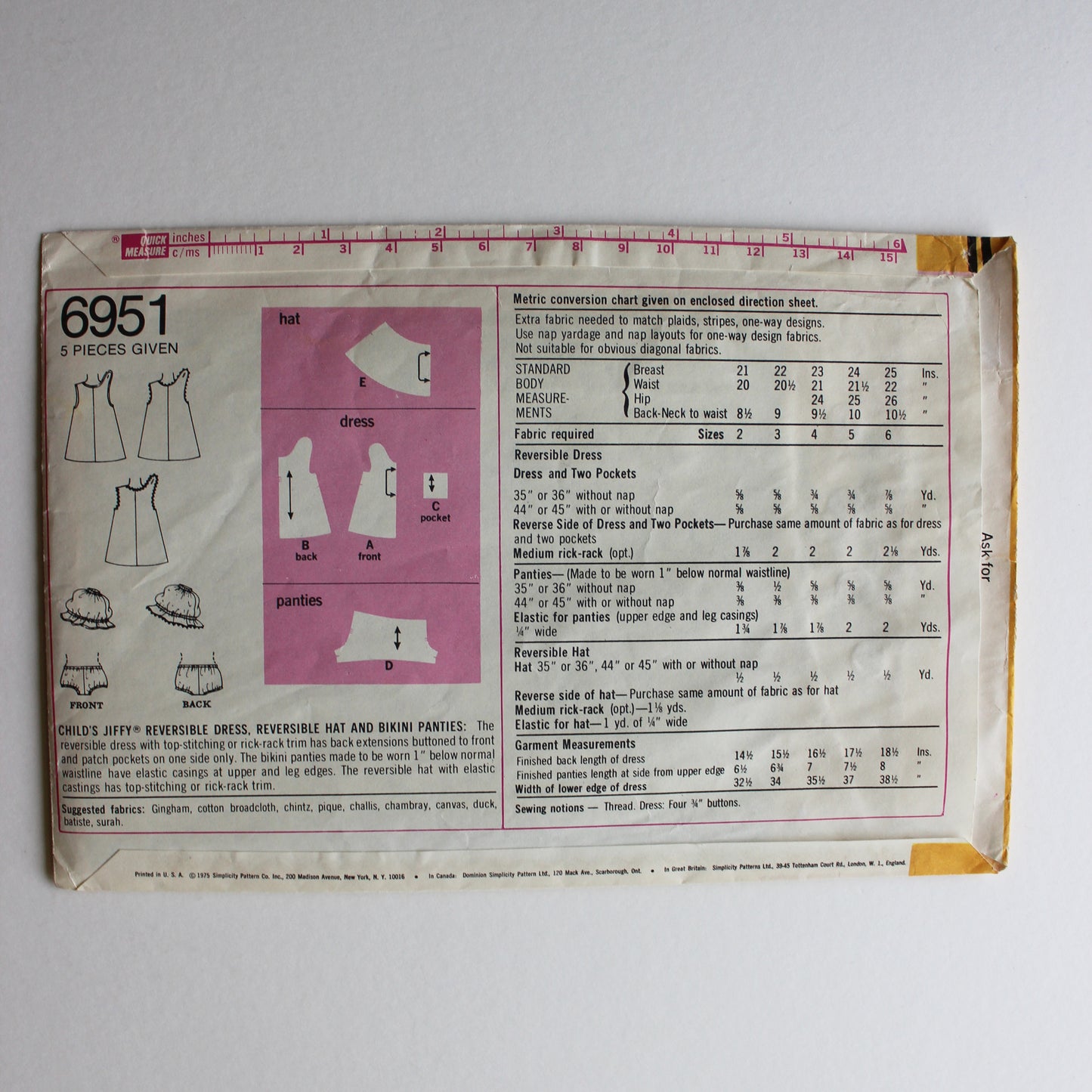 1975 Simplicity 6951 Sewing Pattern Girls Dress Hat Bikini Panties Size 5