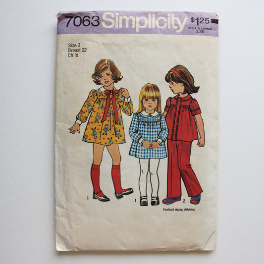 1975 Simplicity 7063 Sewing Pattern Girls Dress Top Pants Size 3