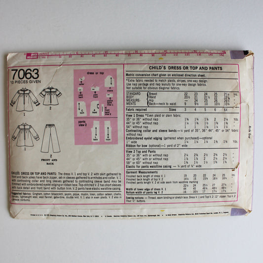 1975 Simplicity 7063 Sewing Pattern Girls Dress Top Pants Size 3