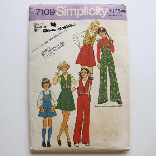 1975 Simplicity 7109 Sewing Pattern Girls Skirt Pants Detachable Bib Vest Size 12
