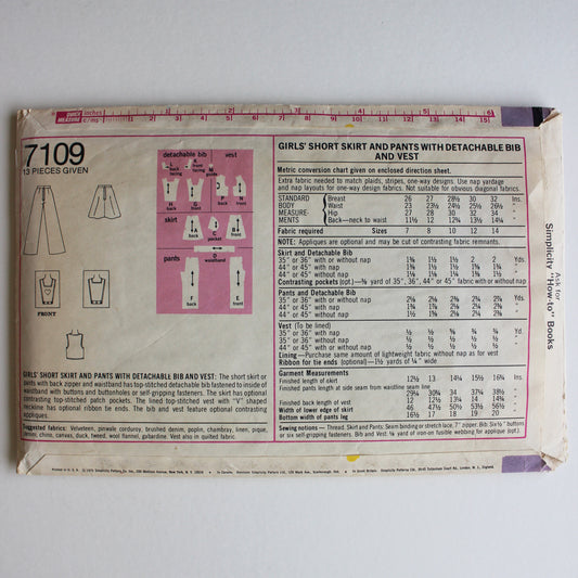1975 Simplicity 7109 Sewing Pattern Girls Skirt Pants Detachable Bib Vest Size 12