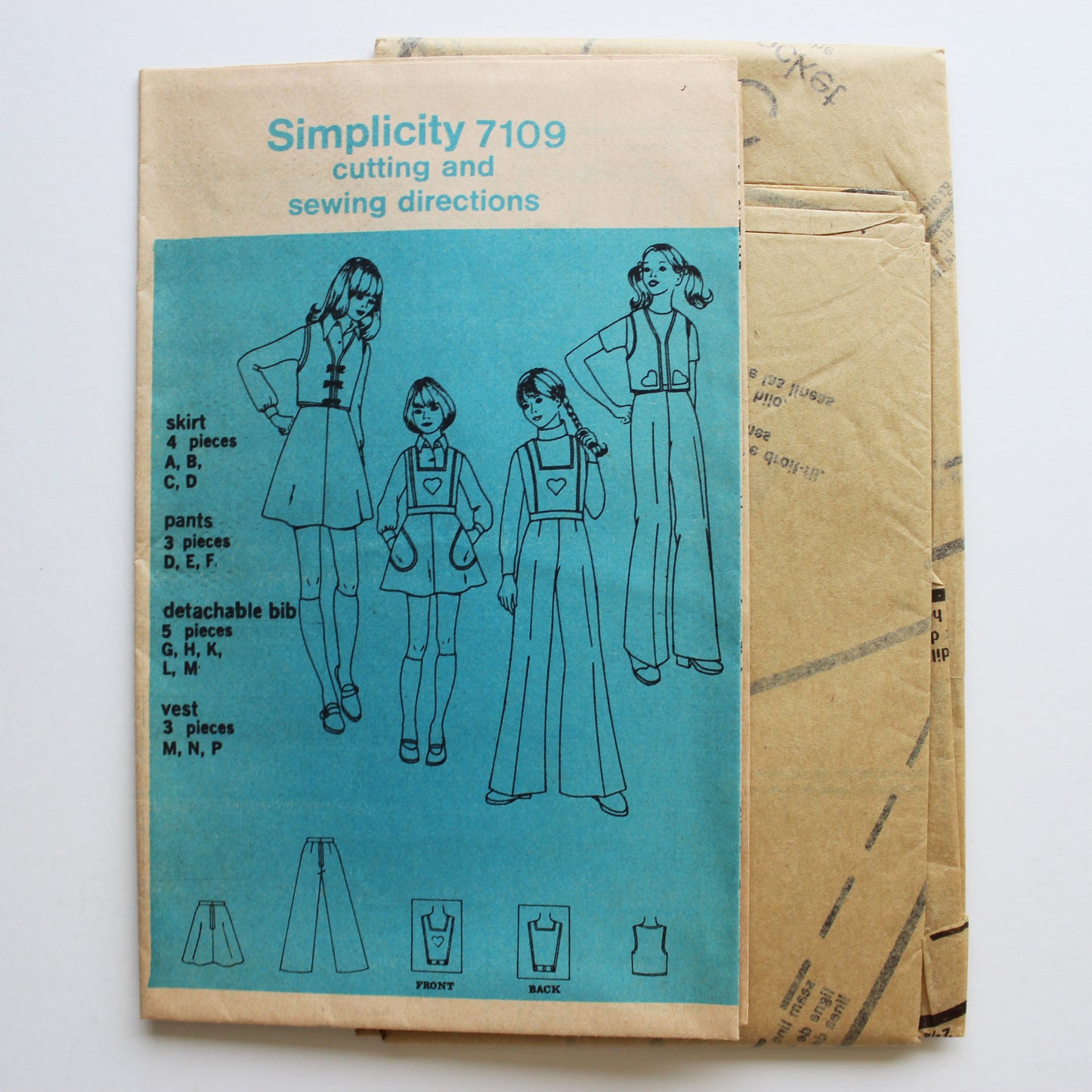 1975 Simplicity 7109 Sewing Pattern Girls Skirt Pants Detachable Bib Vest Size 12
